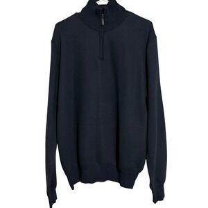 Mens Navy Blue Quarter Zip Pullover Sweater Ribbed Knit Mock Neck RN 23923 Large